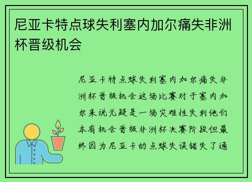 尼亚卡特点球失利塞内加尔痛失非洲杯晋级机会