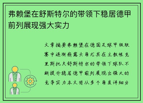 弗赖堡在舒斯特尔的带领下稳居德甲前列展现强大实力