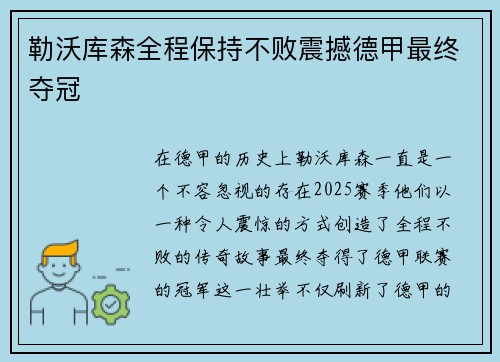 勒沃库森全程保持不败震撼德甲最终夺冠