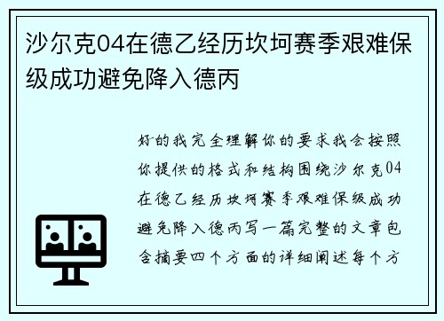 沙尔克04在德乙经历坎坷赛季艰难保级成功避免降入德丙